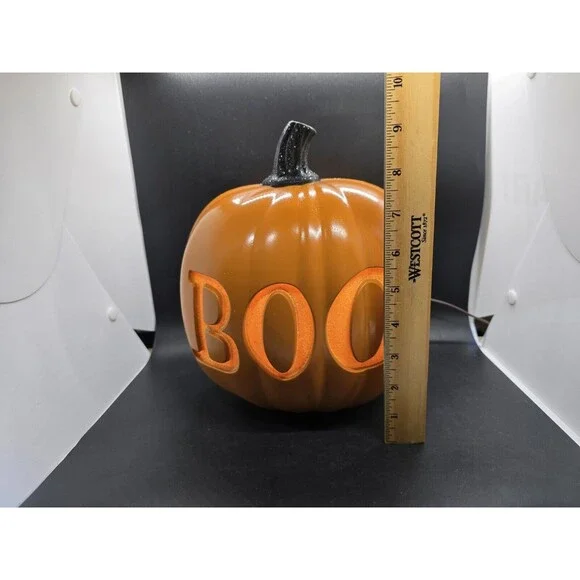 Decorative Boo Halloween Orange Pumpkin (Black glitter stem) Approximately 10" - Picture 3 of 8